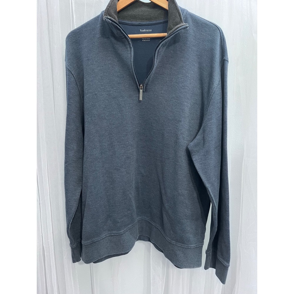 Van Heusen Mens XL Blue Quarter Zip Pullover Ribbed Cotton Blend Mock Sweater
